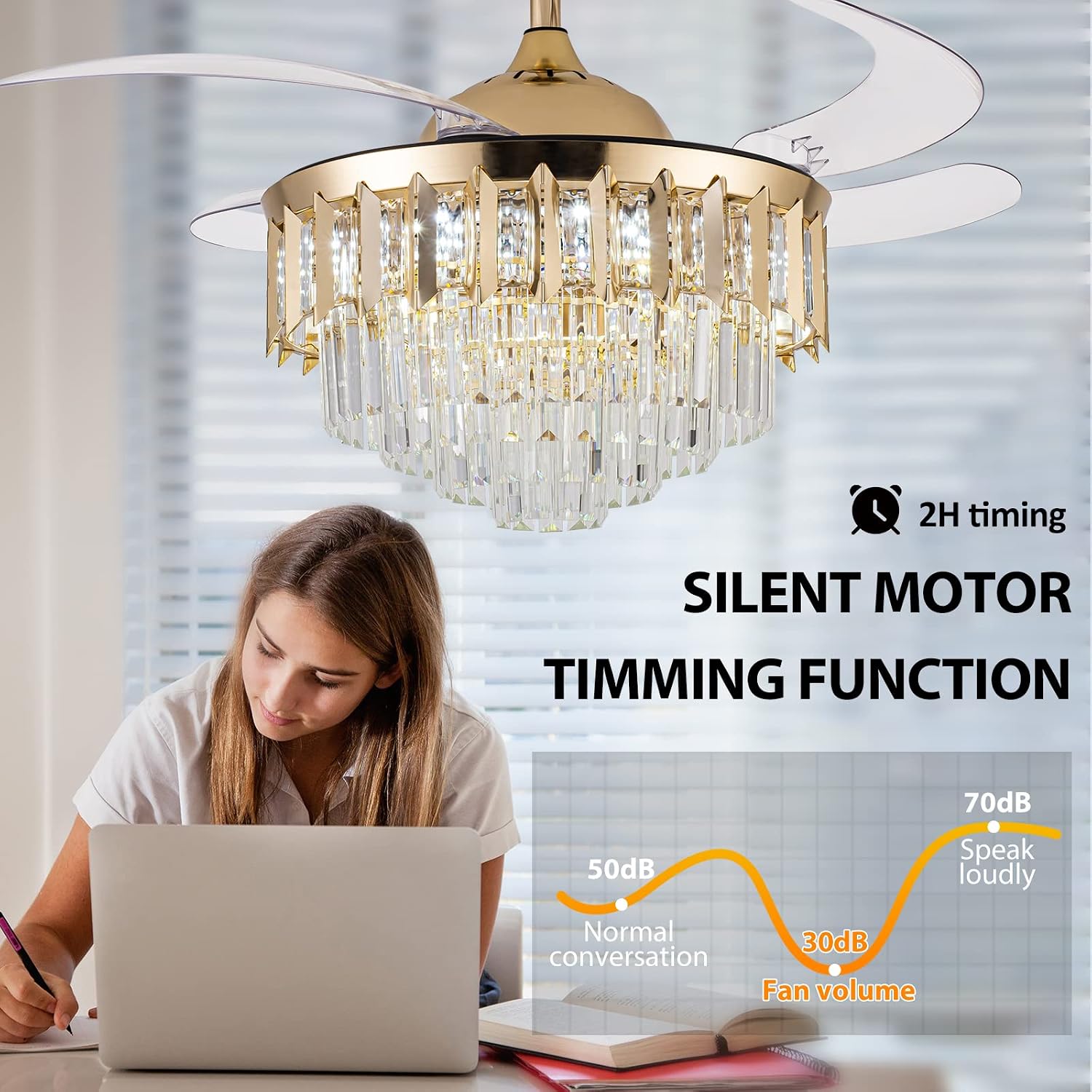 42 Inch Chandelier Ceiling Fan Modern Crystal Ceiling Fan with Lights Remote Control 6 Speed 3 Color Dimmable Silent Luxury Fandelier with Retractable Blades for Living Room Bedroom Decoration Gold