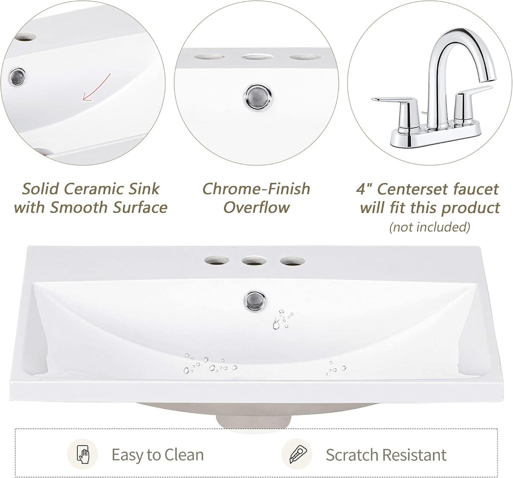 24'x18' Bathroom Vanity Sink Top Only, Center-Located Undermount/Drop-in Countertop, Fit for 4' Cenerset Faucet (Not Included), White