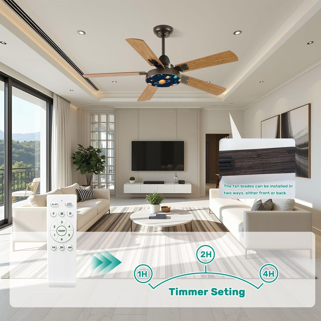 Modern Ceiling Fans with Lights Remote, Space theme Solar system kids cartoon planet seamless Rocket planets 42 Inch Ceiling Fan for Bedroom Living Room Farmhouse, 6 Speed Reversible Quiet Motor