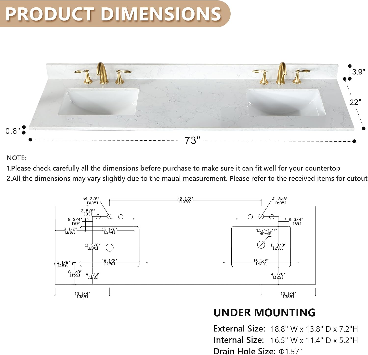 Altair Design Ceres 73' Engineered Stone Vanity Top in Grain White with Double White Sinks