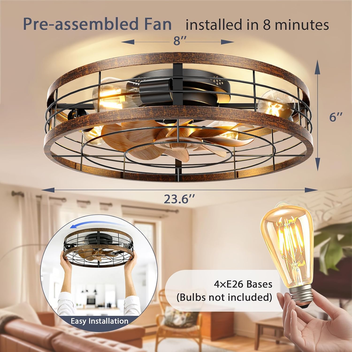 VOLISUN Farmhouse Caged Ceiling Fans with Lights Flush Mount, 23.6'' Rustic Low Profile Ceiling Fan with Light and Remote, Bladeless Fandelier Ceiling Fans with Lights for Kitchen, Bedroom-Gold
