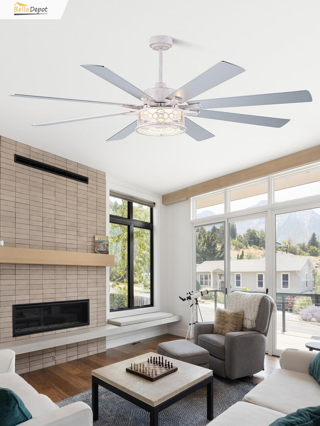 72 Inch Farmhouse Ceiling Fan with Lights Large Chandelier Caged Fan with Quiet Reversible DC Motor Rustic Fan with Wooden Blades White - Ideal for Bedroom, Living Room, Dining Room, Any Big Spaces
