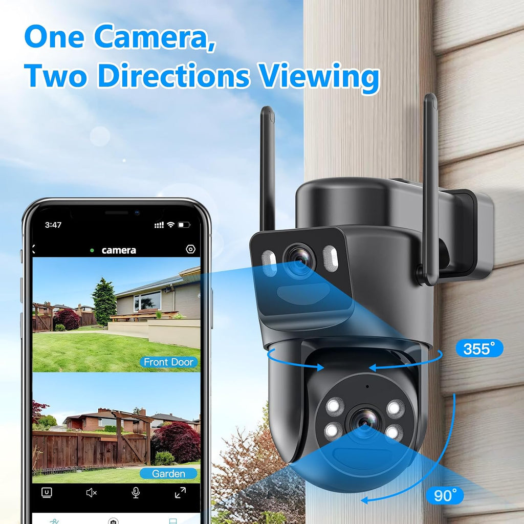 4K Solar Security Cameras Wireless Outdoor Battery Powered, 2.4GHz Dual Lens Bullet & 360°PTZ Linkage Outdoor Security Camera with Solar Panel, 8X Digital Zoom, Color Night Vision (2 Pack)