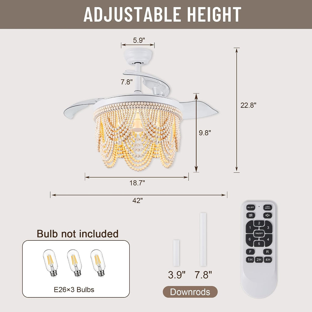 42'' Retractable Ceiling Fans with Lights and Remote,Bohemian Ceiling Fans with Wooden Beads,E26 Metal Bulb Base,6 Speeds Reversible Bladeless Ceiling Fan for Bedroom Living Room Kitchen