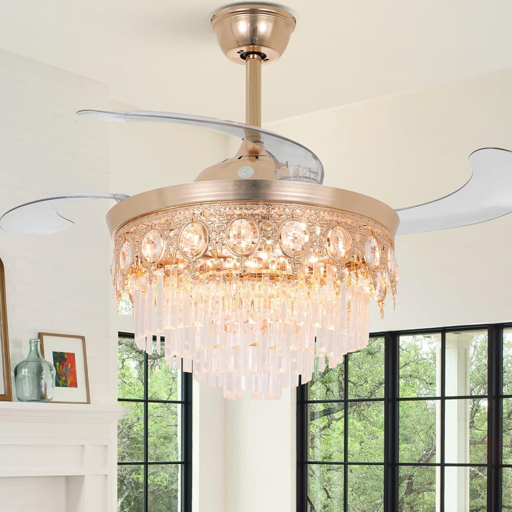 42' Gold Retractable Ceiling Fan with Lights, Luxury Gold Crystal Chandelier Fan 6 Speeds 3 Colors Modern Ceiling Fan for Living Room