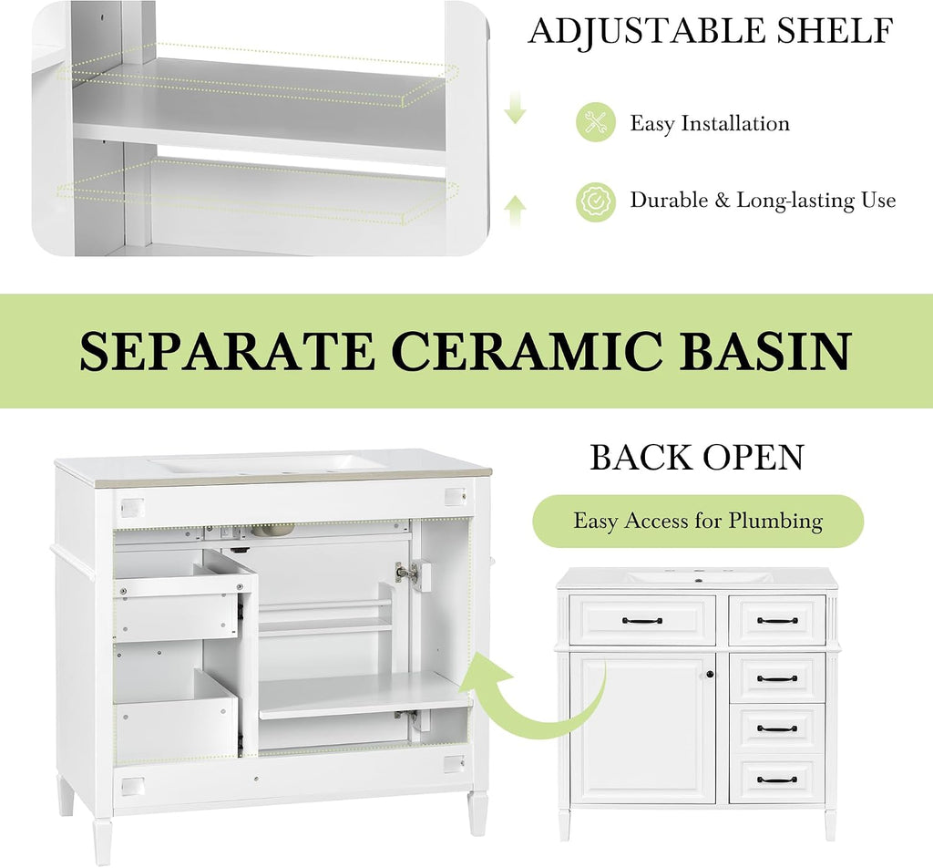 36' Bathroom Vanities with Sink Top, Bathroom Cabinet with Soft-Closing Door with Rack, 4 Drawers(with Tip-Out Drawers), Adjustable Shelf, Solid Wood Frame, White