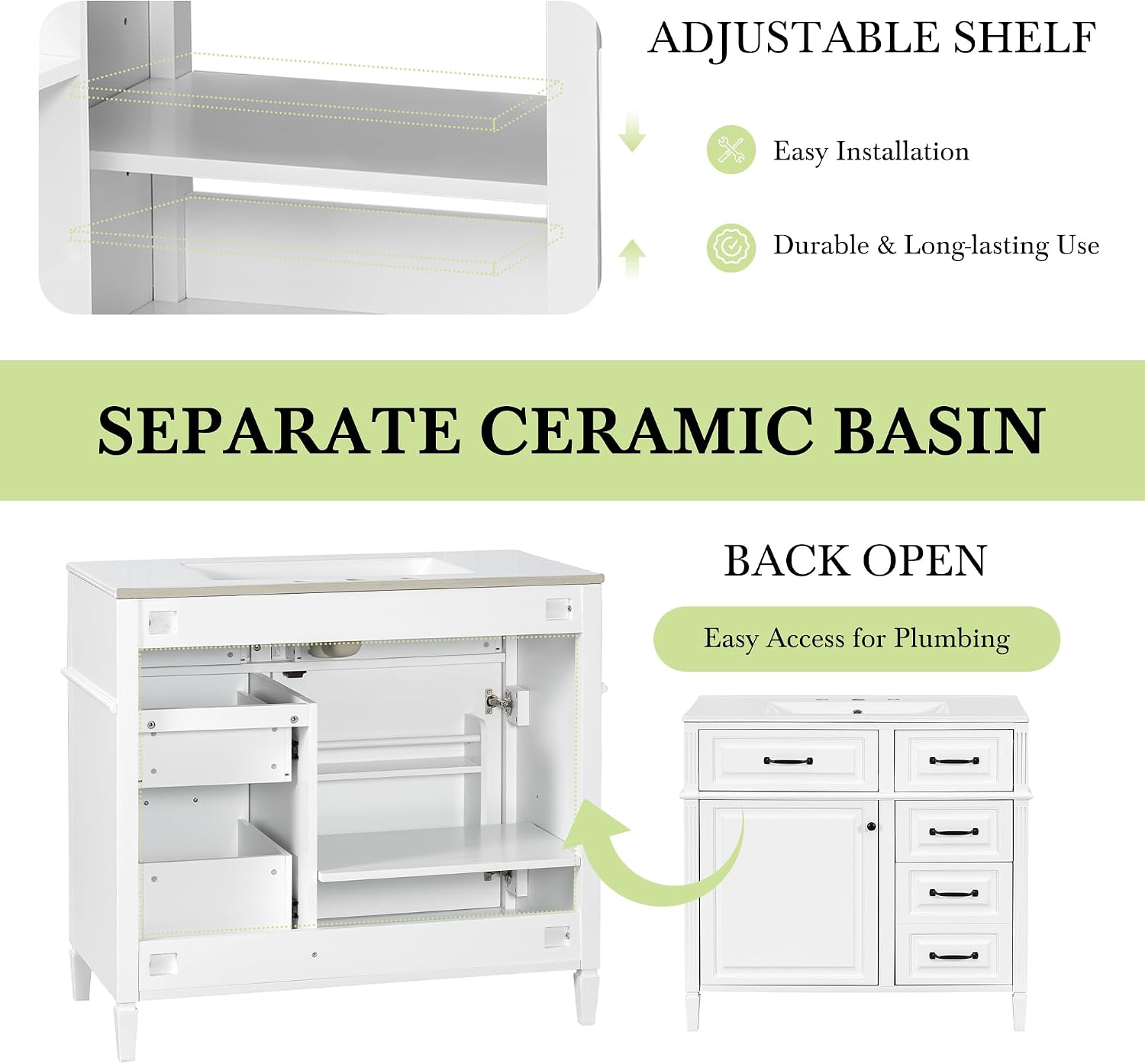 36' Bathroom Vanities with Sink Top, Bathroom Cabinet with Soft-Closing Door with Rack, 4 Drawers(with Tip-Out Drawers), Adjustable Shelf, Solid Wood Frame, White