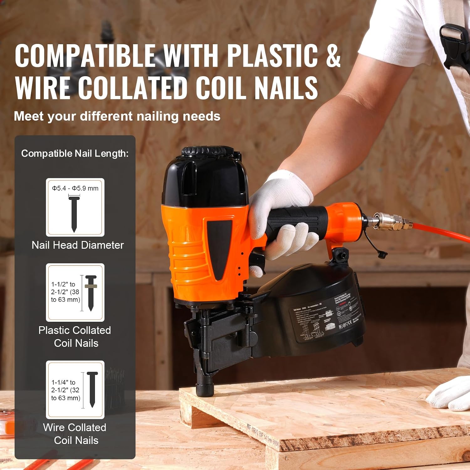 Happybuy Coil Siding Nailer CN65, 1-1/4' to 2-1/2' 15 Degree Pneumatic Siding Nail Gun with Tool-Less Depth Adjustment, 70-120PSI Air Coil Nailer for Siding, Pallet Sheathing, Wooding, Fencing