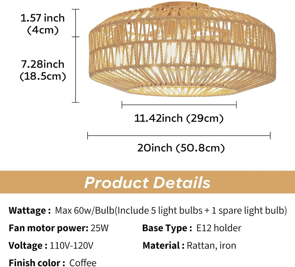 20 Inch Boho Low Profile Ceiling Fan with Soft Yellow Light, Handwoven Rattan & Hemp Design, Remote Control Fandelier - Includes 5+1 LED Bulbs, Flush Mount for Bedroom, Living Room, Patio