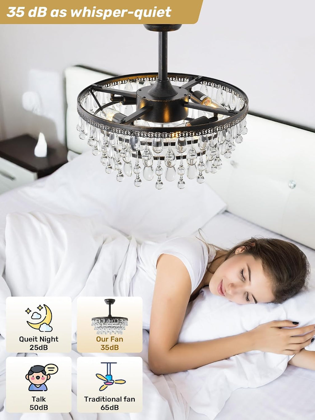 Crystal Fandelier Ceiling Fan with Light, 20' Black Crystal Chandelier Ceiling Fans with Lights and Remote with 6 Speeds for Bedroom, Living Room, Nursery