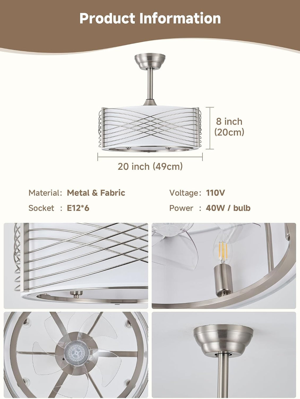 20' Fandelier Ceiling Fans with Lights, Silver Caged Ceiling Fan with Light Remote Control, Mid-Century Modern with 6 Speeds for Bedroom, Nursery, Living Room (Silver)
