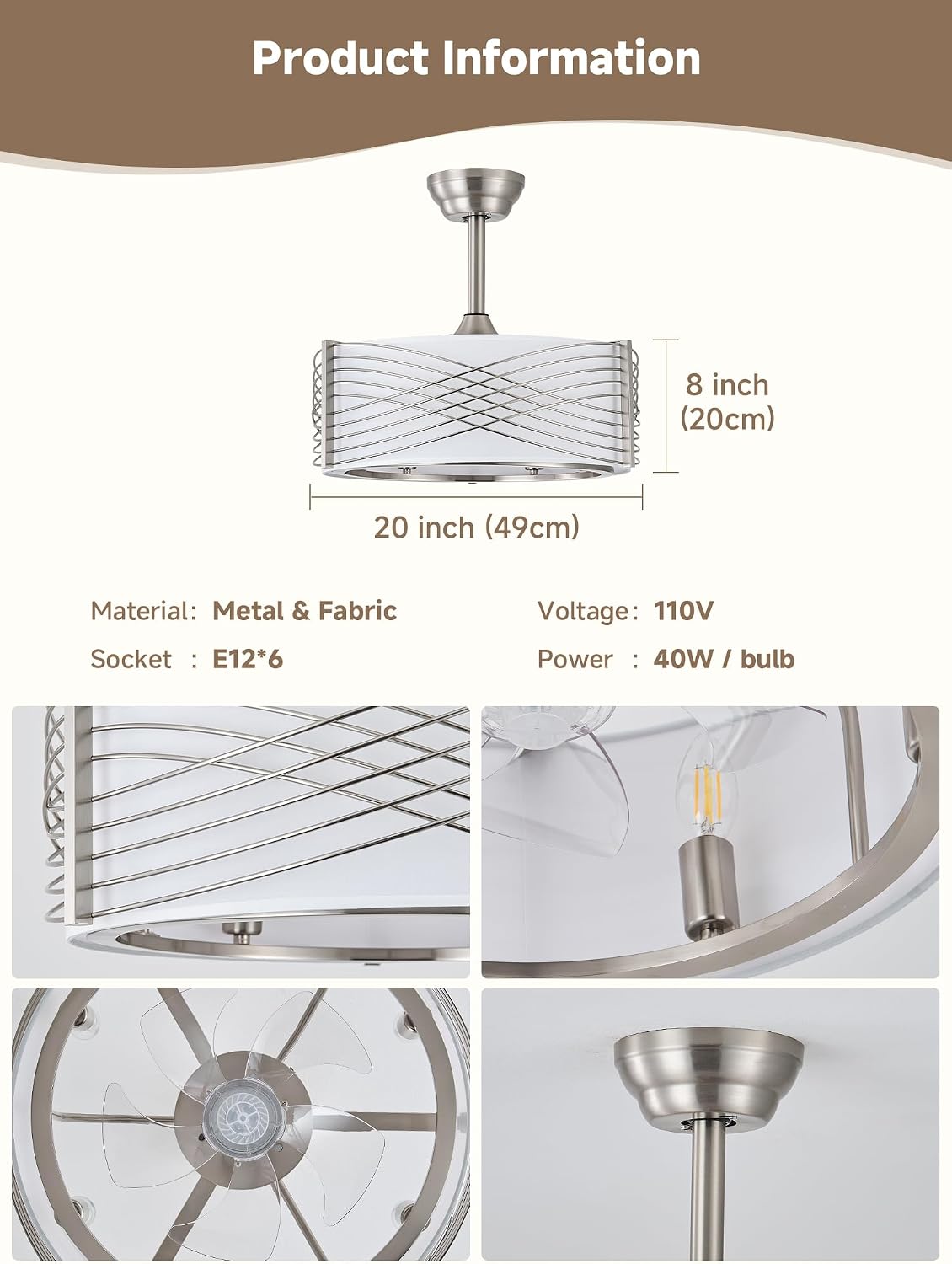 20' Fandelier Ceiling Fans with Lights, Silver Caged Ceiling Fan with Light Remote Control, Mid-Century Modern with 6 Speeds for Bedroom, Nursery, Living Room (Silver)