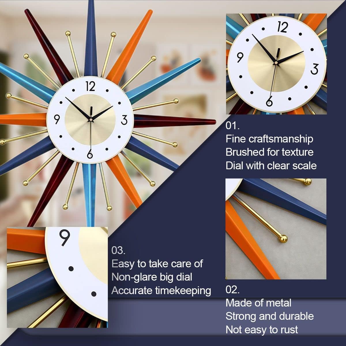FIELDY Large Wall Clock 27.5 Inch Mid Century Wall Clocks Starburst Clock Non Ticking Battery Operated 3D Wall Clocks Home Décor for Living Room, Kitchen, Dining Room, Bedroom