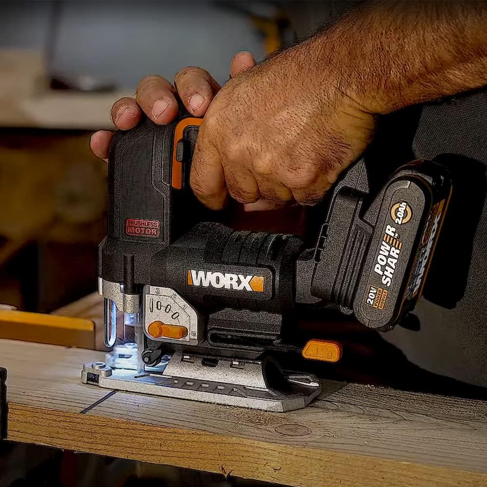 WORX Nitro WX542.9 Cordless Pendulum Stroke Jigsaw 20 V - Brushless Motor - Professional Jigsaw with Suction Adapter - Also Ideal for Mitre Cuts - PowerShare Compatible - Without Battery and Charger
