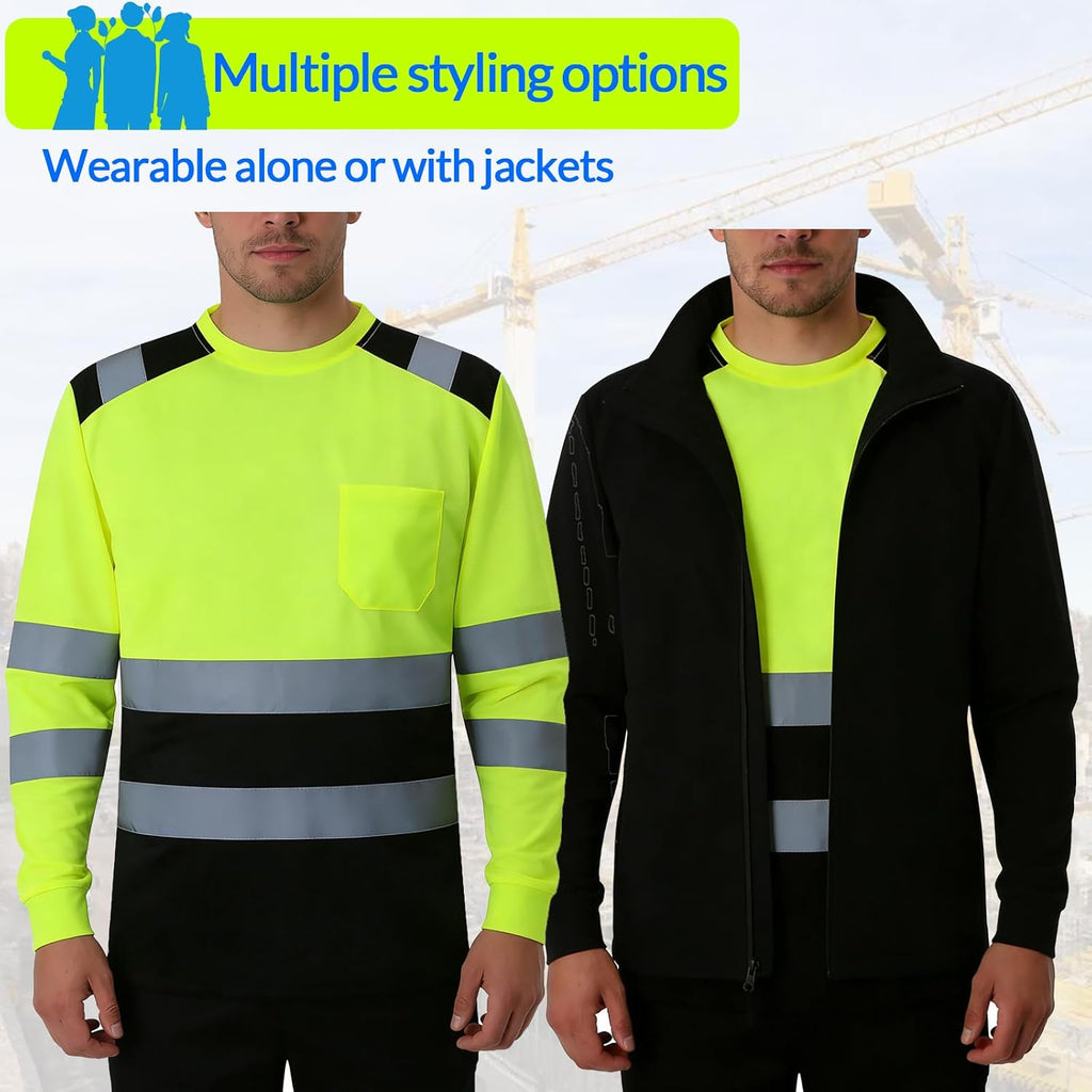 BeautyWill Custom Logo High Visibility Safety Shirts, ANSI Class 3 Reflective Work Shirts Long Sleeve Crewneck T-Shirt