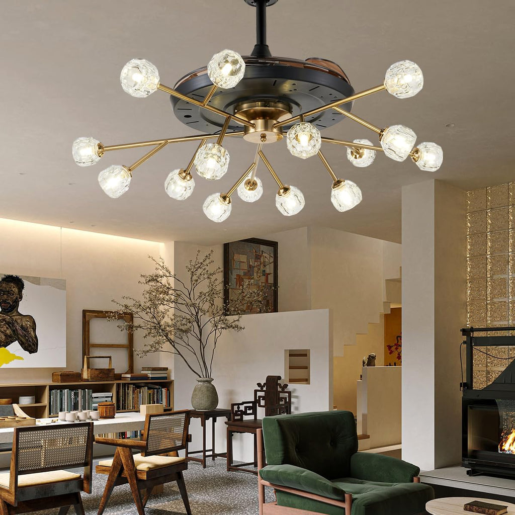 42' Modern Sputnik Fandelier Ceiling Fan with Light, 15-Light Brass Crystal Chandelier Fan with Remote Control Retractable 6 Speed Reversible Motor for Bedroom Living Dining Room