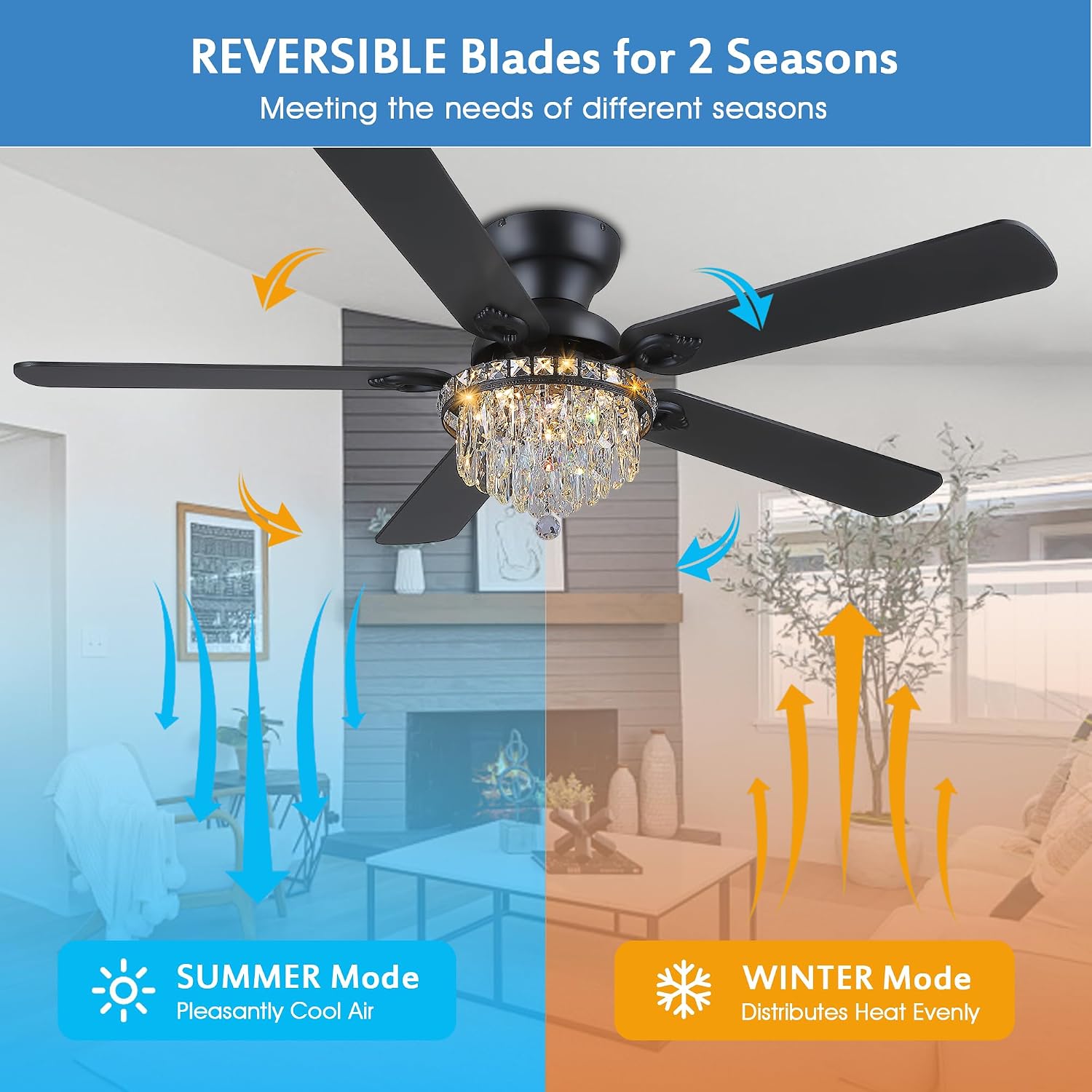 GJeg Crystal Ceiling Fan Fandelier with Lights-Ceiling Fans with Remote Control,Modern Ceiling Fan with Noiseless DC Reversible Motor,Dining Room,Living Room(52' Black)