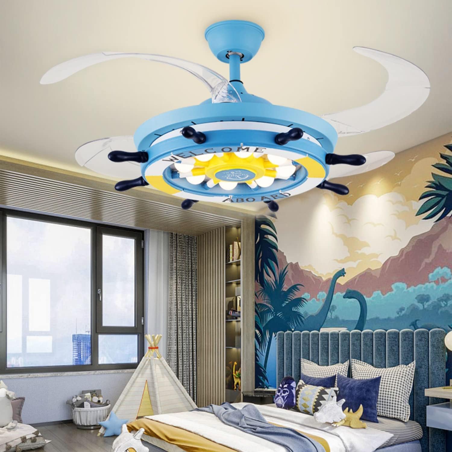 42' Chandelier Ceiling Fans with Lights Kids Nautical Rudder Invisible Ceiling Fan Light with Remote Control Retractable Blades Reversible Ceiling Fan with Light for Boys Girls Bedroom Nurser