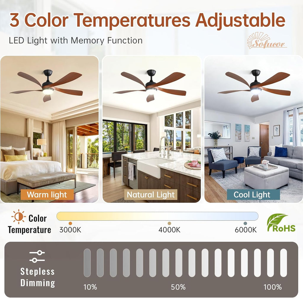 Sofucor 52 Inch Ceiling Fan with Light, Modern Ceiling Fan with Dimmable Memory LED - Quiet DC Motor, 6 Speeds 5000CFM, Timer, Reversible, for Living Room Bedroom, ETL, 5 Plastic+ABS Blades, Brown