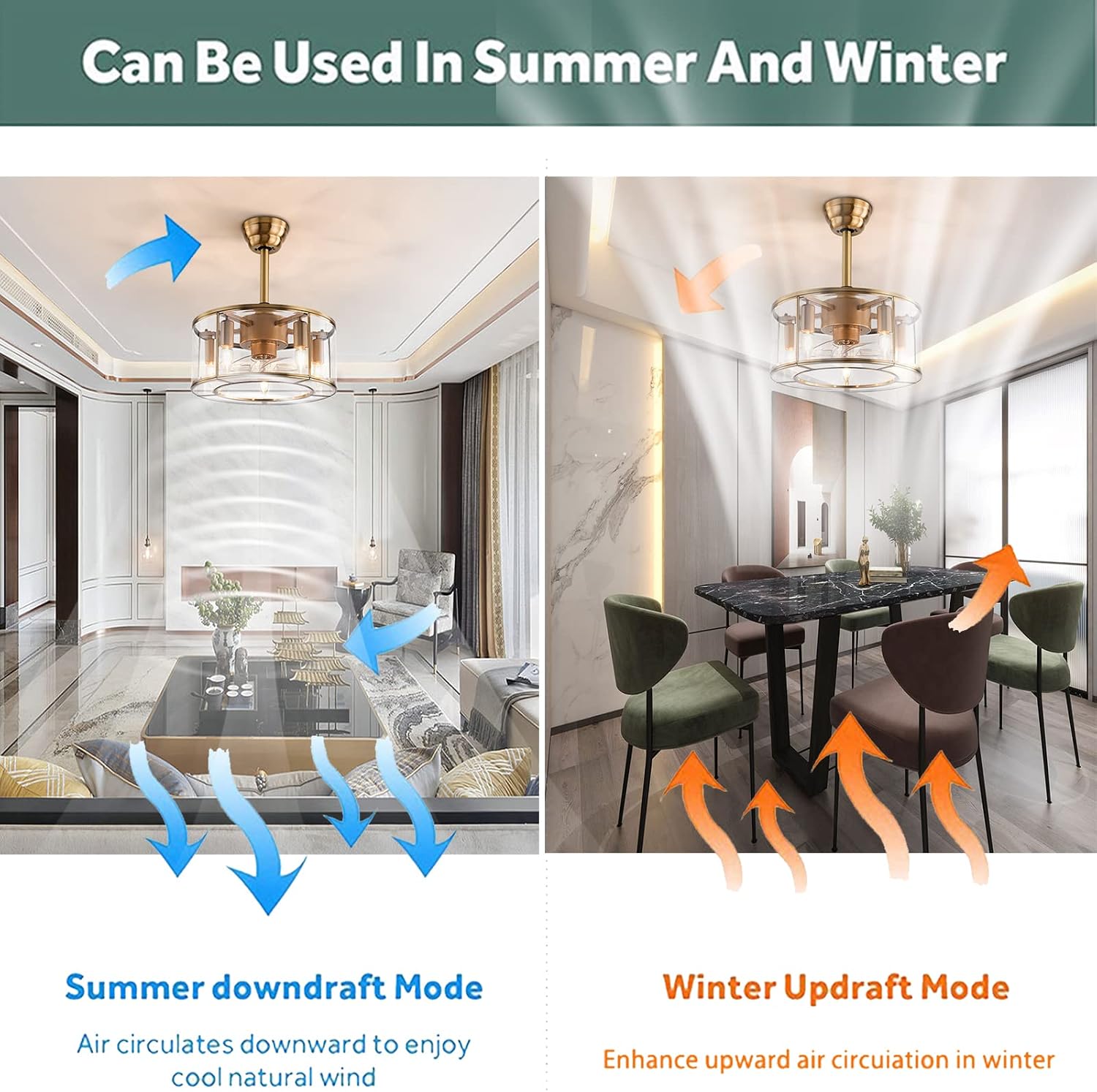 18' Ceiling Fans with Lights, Modern Caged Farmhouse Fandelier with Controller Control, 7 Blades 6-Speed, Reversible Ceiling Fan Light Fixture for Area 107-161ft², Kitchen Bedroom Office Gold E26*5