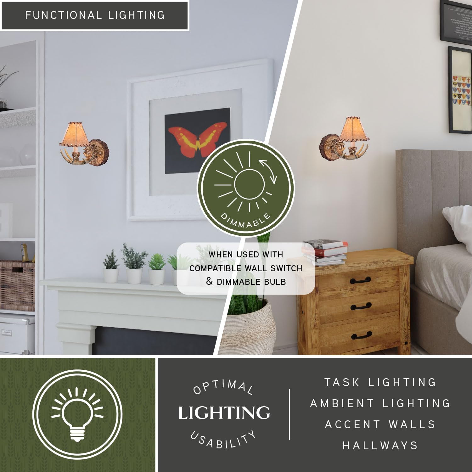 Lodge 1 Light Rustic Wood Antler Armed Wall Sconce Faux Leather Shade Noachian Stone