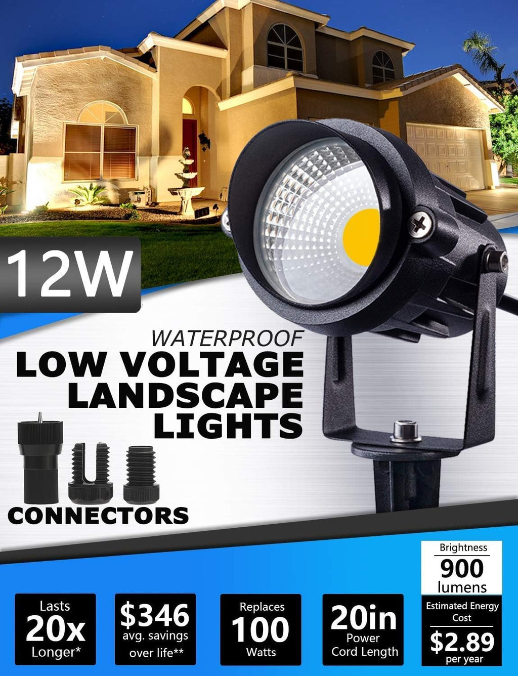 SUNVIE 10 Pack 12W Low Voltage Landscape Lights LED Landscape Lighting AC/DC 12V-24V Outdoor Spotlight, 200W Low Voltage Transformer Waterproof Landscape Lighting Transformer with Timer and Photocell