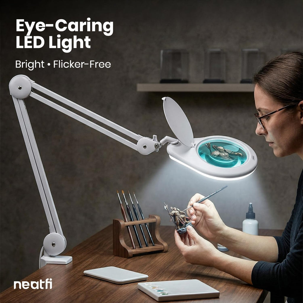 Neatfi Elite XL HD Super LED Magnifying Lamp with Clamp – 7' Glass Lens, 5-Diopter, 6500K Daylight | Glare-Free, Adjustable Arm | Reading, Sewing & Crafting (7 Inch Lens, White)
