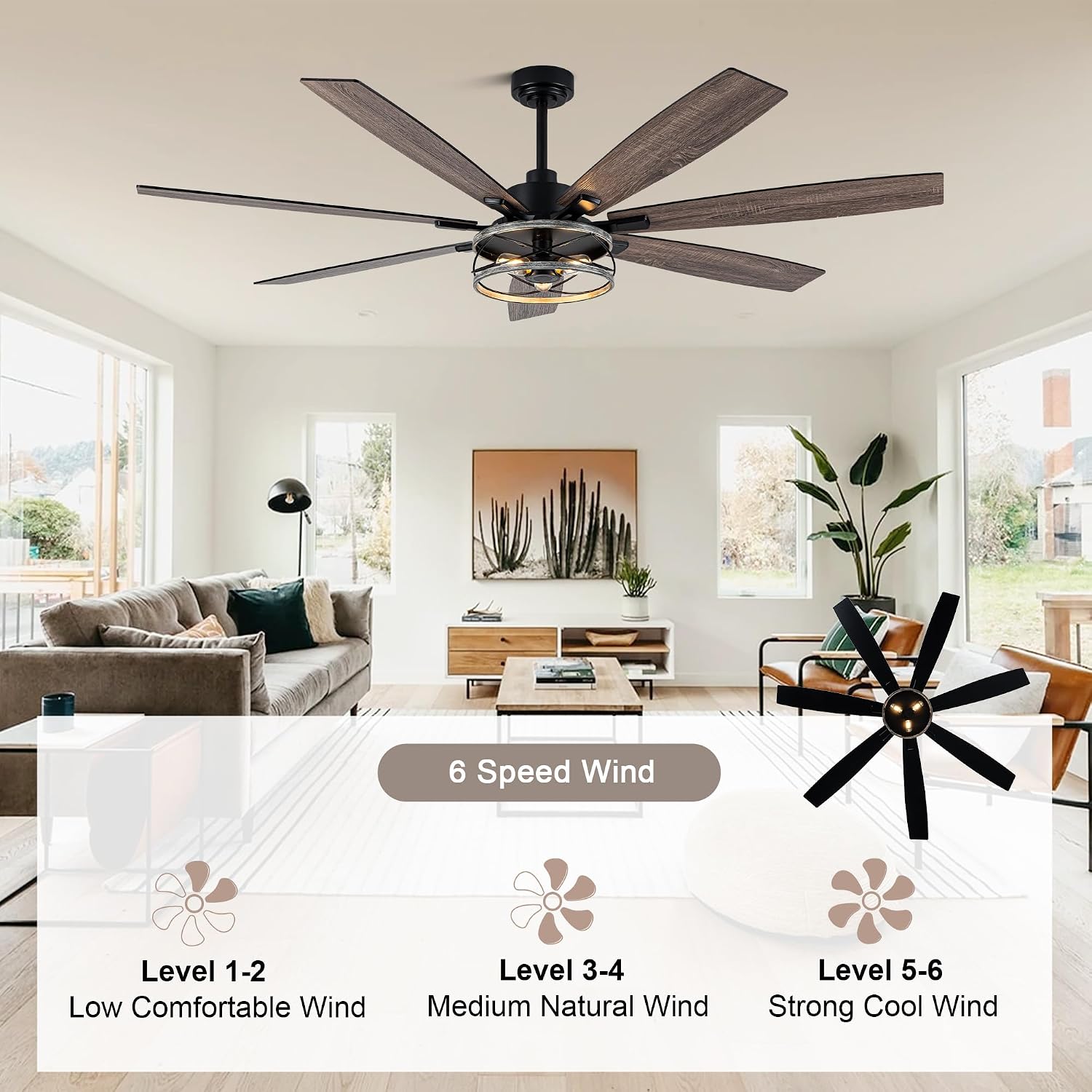72 Inch Farmhouse Ceiling Fan with Lights Large Rustic Ceiling Fan Wood Caged Fandelier Chandelier Light for Indoor Outdoor, 7 Dual Blades 3 E26 Bulbs, Reversible Quiet DC Motor 6 Speeds