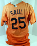 2007-08 Baltimore Orioles Jim Saul #25 Game Used Orange Jersey BP Ext ST 50 556 - Game Used MLB Jerseys
