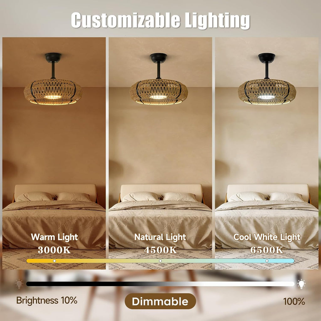 ocioc 20' Caged Ceiling Fans with Lights and Remote,Fandelier Ceiling Fan with Light,Bladeless,Quiet Reversible DC Motor,Rattan Boho Ceiling Fan for Bedroom,Living Room