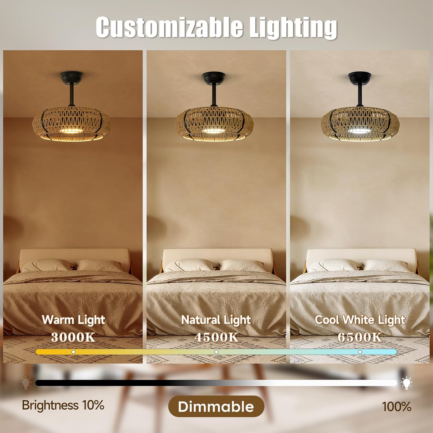 ocioc 20' Caged Ceiling Fans with Lights and Remote,Fandelier Ceiling Fan with Light,Bladeless,Quiet Reversible DC Motor,Rattan Boho Ceiling Fan for Bedroom,Living Room