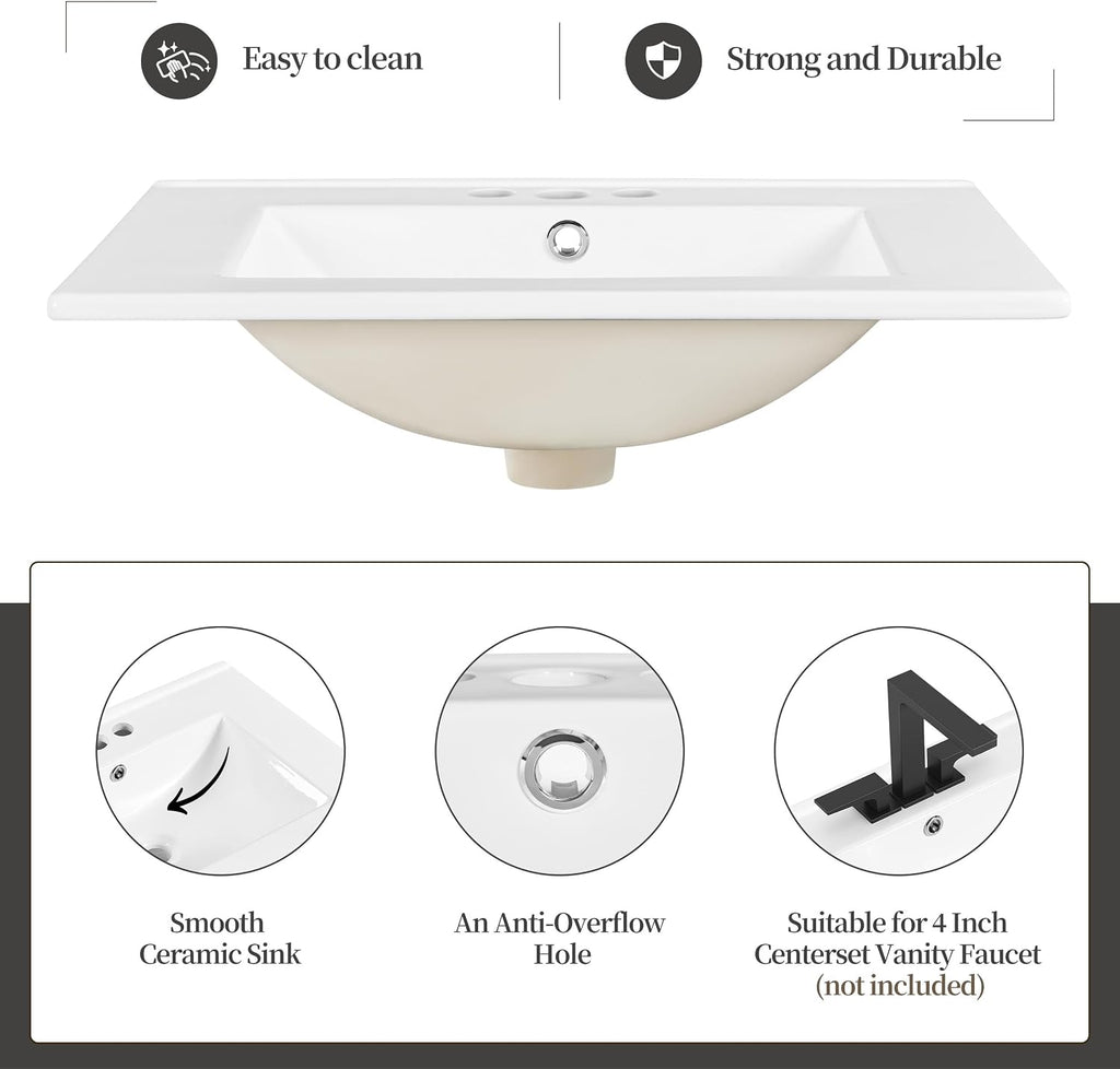 Yaheetech 24' Modern Bathroom Vanity with Sink, Bathroom Sink Cabinet with Rectangular Ceramic Basin, Bathroom Vanities Cabinet with 2 Doors and 1 Open Shelf, White