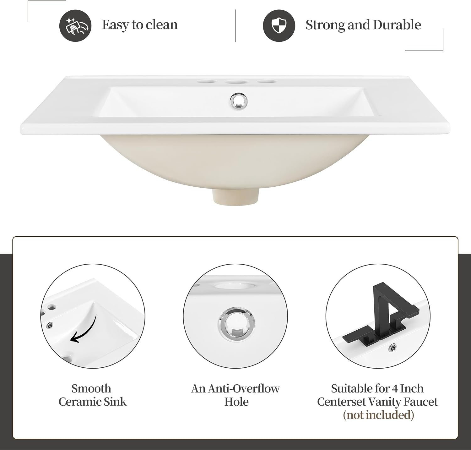 Yaheetech 24' Modern Bathroom Vanity with Sink, Bathroom Sink Cabinet with Rectangular Ceramic Basin, Bathroom Vanities Cabinet with 2 Doors and 1 Open Shelf, White