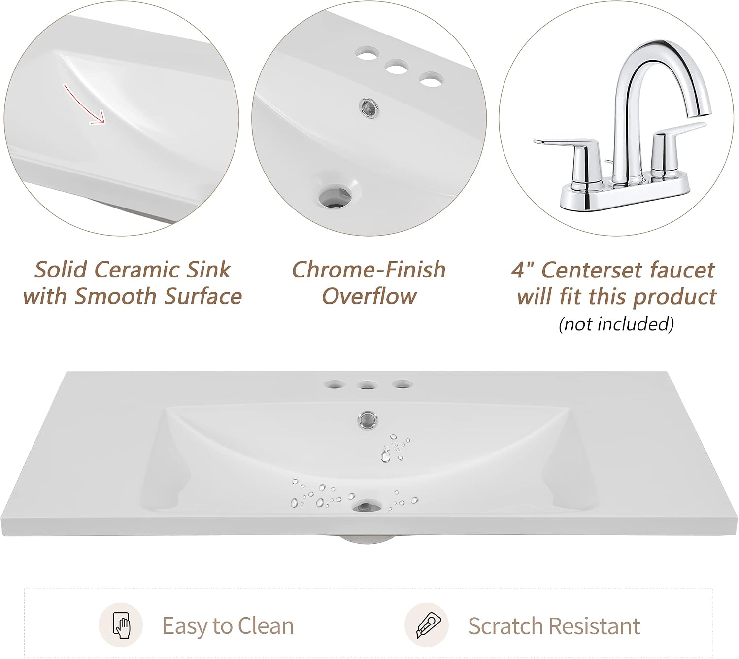 36'x18' Bathroom Vanity Sink Top Only, Center-Located Undermount Countertop, Fit for 4' Centerset Faucet (Not Included), White
