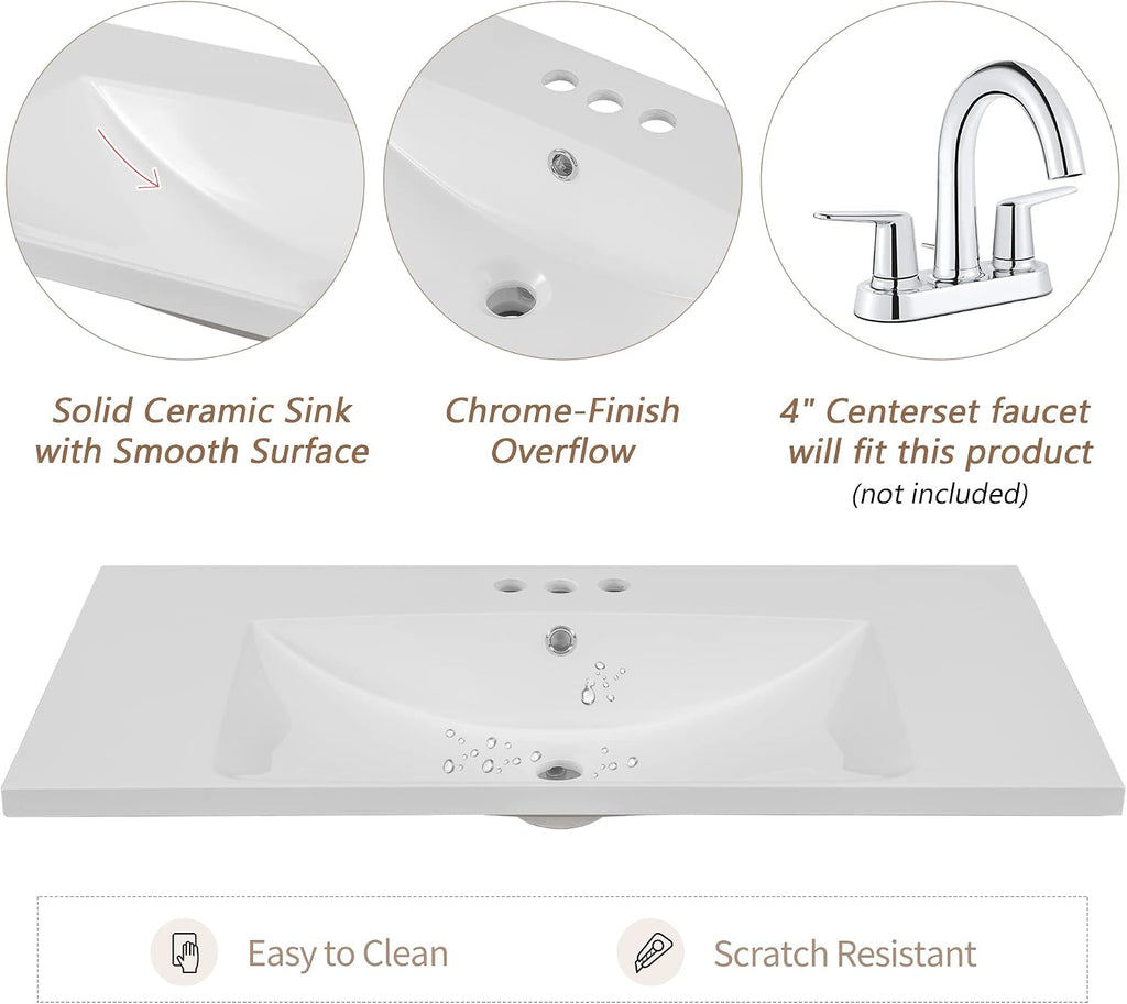 36' Vanity Bathroom Cabinet with Sink Top, Three Multi-Functional Drawers, Open Storage Space, Adjustable Shelf, White