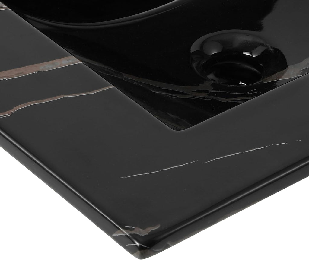 JONATHAN Y Ancillary 24 in. W x 18.25 in. D Ceramic Vanity Sink Top with 3-Hole Rectangular Single Sink Basin, Black Marble Effect SNK1001D