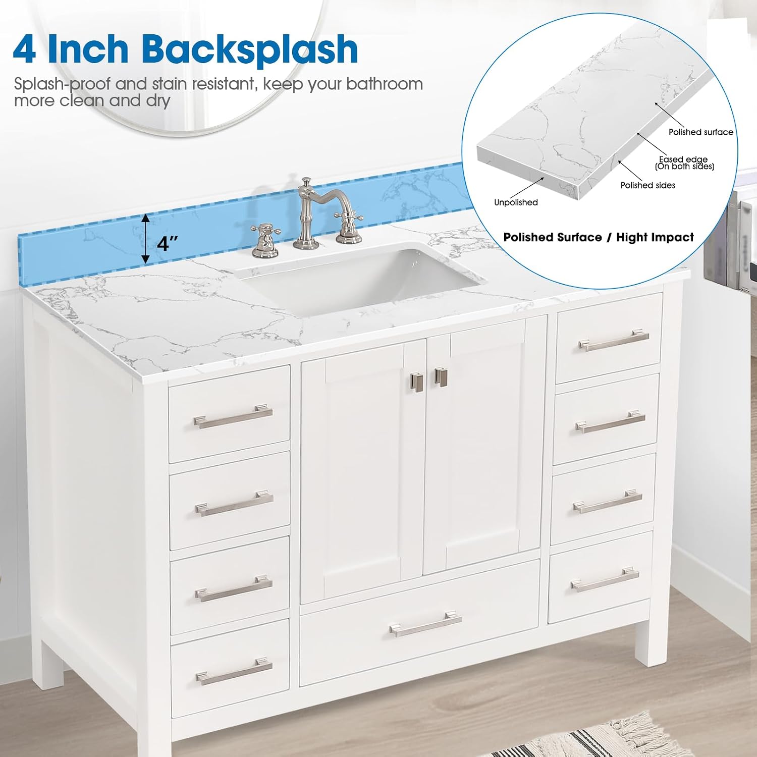 48 Inch Engineered Stone Bathroom Vanity Sink Top, with Undermount Rectangular Middle Sink, Vanity Countertop with 8 inch Faucet Hole Spacing and Backsplash in Lightning White