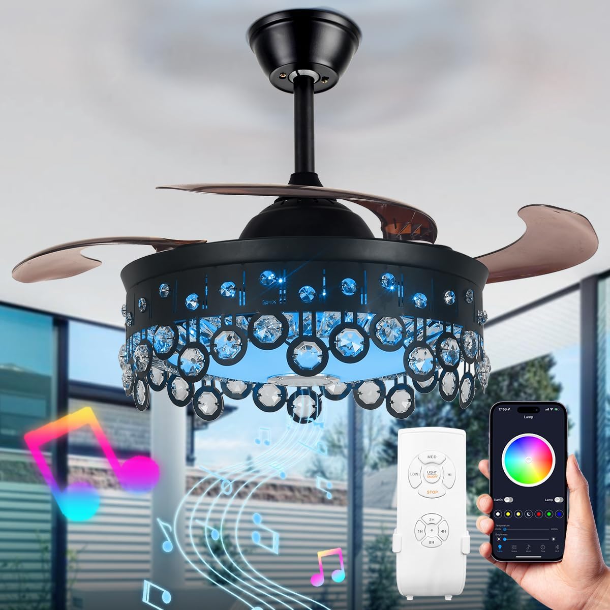 A Million Crystal Ceiling Fan with Lights Smart Bluetooth Music Player, 42 Inch LED Dimmable Remote Control Retractable Invisible Blades Indoor Ceiling Fan for Living Room Black