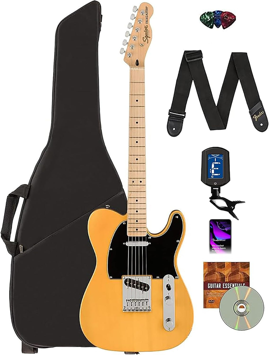 Fender Squier Affinity Telecaster w/Maple Fingerboard- Butterscotch Blonde Bundle with Gig Bag, Tuner, Strap, Picks, and Austin Bazaar Instructional DVD