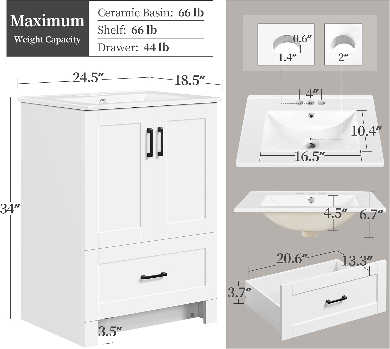 Yaheetech 24.5' Modern Bathroom Vanity with Ceramic Basin, Undermount Vanity Sink Cabinet with 2 Doors and 1 Drawer, Free Standing Bathroom Storage Cabinet with Sink Combo Set, White