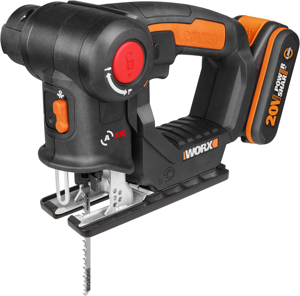WORX 20V WX550 Cordless Jigsaw and Sabre Saw, 20 mm Stroke, Up to 127 mm, Multifunction, Wood Cutting, Aluminum, Steel, PVC, Pendulum Function, with 1 x 2Ah Battery and Fast Charger