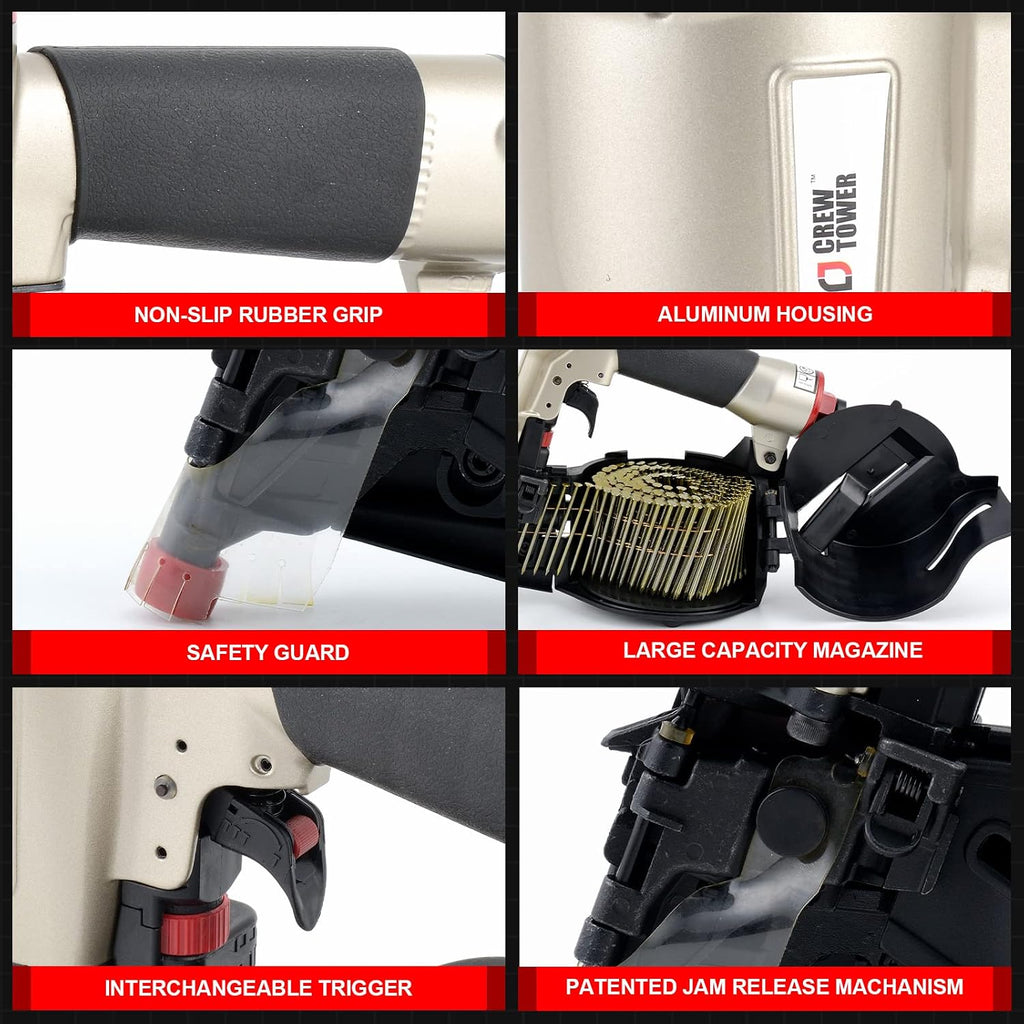 Pneumatic Coil Siding Nailer CN565B, 1-1/4' to 2-1/2' | 15 Gauge Siding Nail Gun. Quick jam release and tool-free depth adjustment for siding, fencing, sheathing & roof decking.