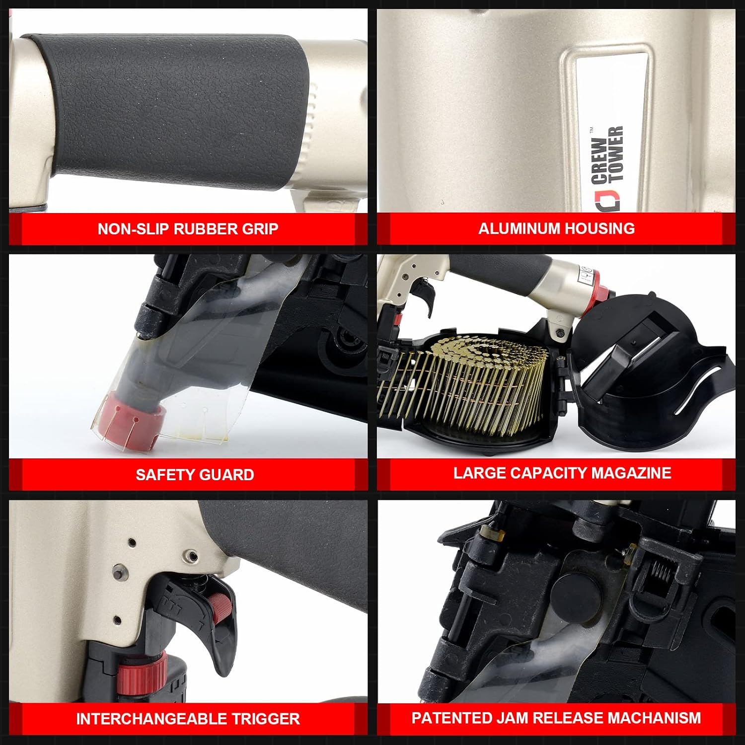 Pneumatic Coil Siding Nailer CN565B, 1-1/4' to 2-1/2' | 15 Gauge Siding Nail Gun. Quick jam release and tool-free depth adjustment for siding, fencing, sheathing & roof decking.