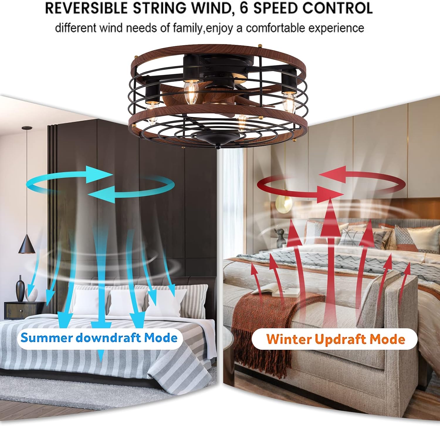 18' Caged Ceiling Fan with Light Flush Mount, Modern Farmhouse Fandelier with Timer & Control, 3-Speed, Ceiling Fan Light Fixture for Kitchen Bedroom Office Dark Brown 110V E26*4