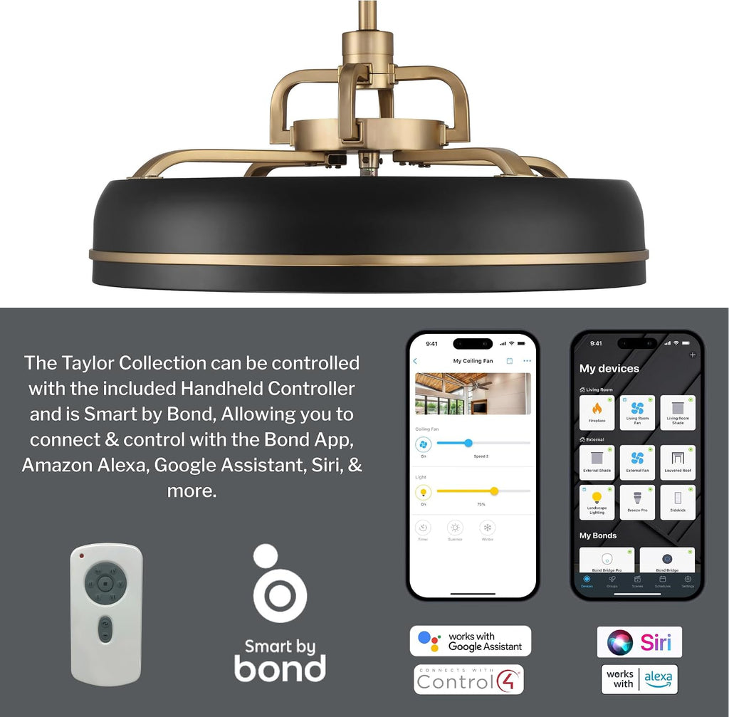 Craftmade TYL24FBSB3-NWF Taylor 24 Inch 3 Blade Indoor Fandelier | Flat Black/Satin Brass Finish with Clear Acrylic Blades | Integrated 1167 Lumens LED 3000K | Remote Included | DC Motor Ceiling Fan