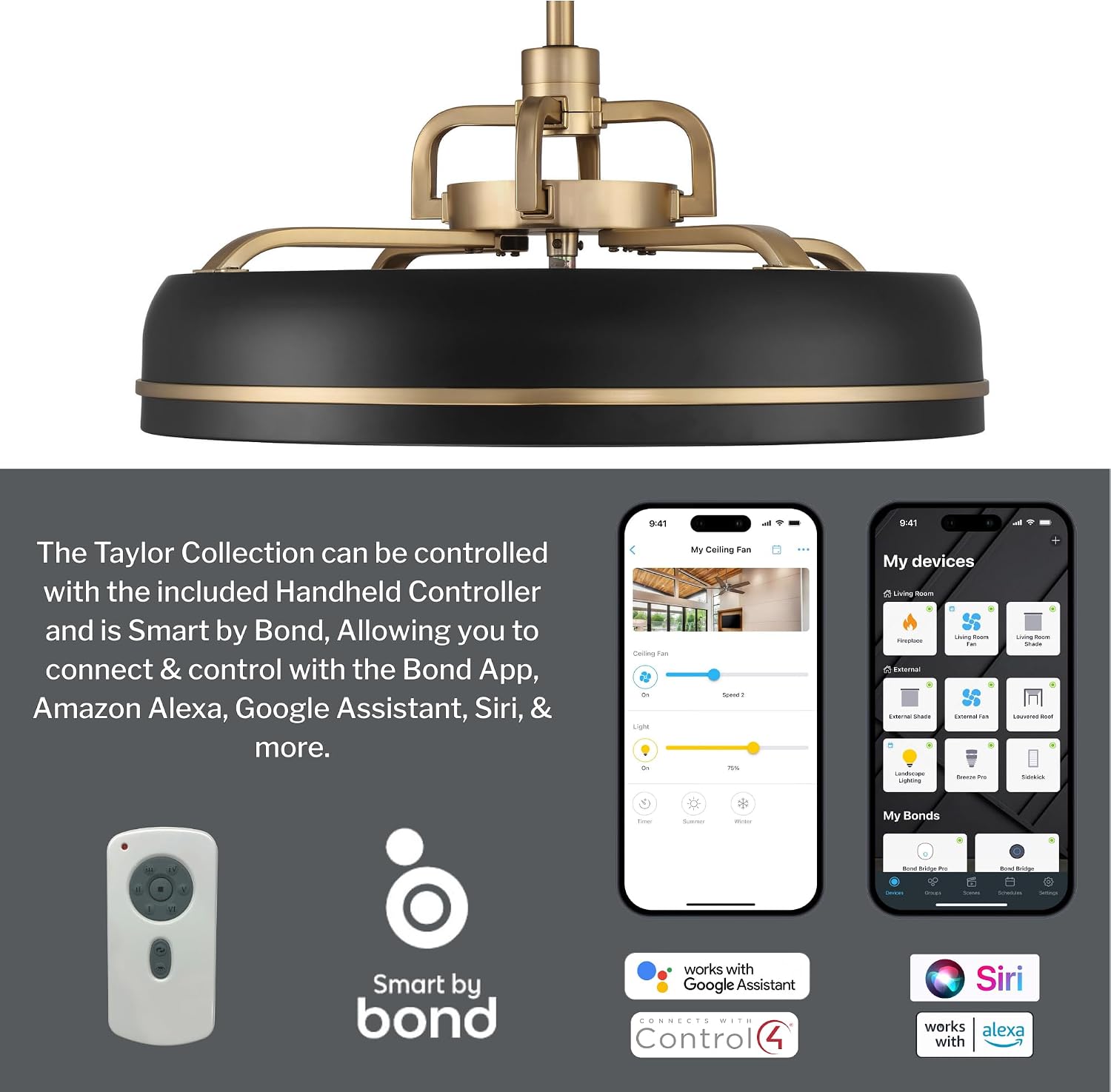 Craftmade TYL24FBSB3-NWF Taylor 24 Inch 3 Blade Indoor Fandelier | Flat Black/Satin Brass Finish with Clear Acrylic Blades | Integrated 1167 Lumens LED 3000K | Remote Included | DC Motor Ceiling Fan