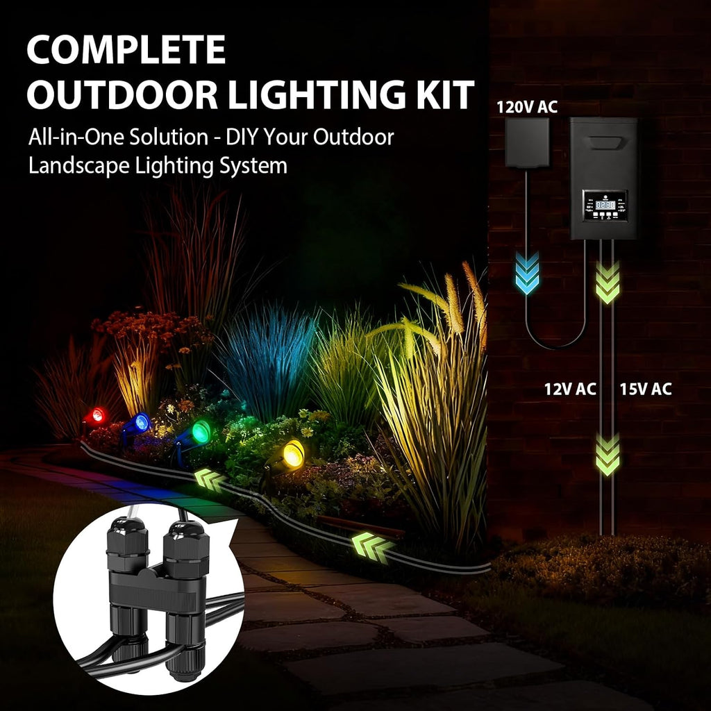 All-in-One RGBWW Low Voltage Landscape Lighting Kit, 12W LED Color Changing Landscape Lights with Remotes, Transformer and Wire, Outdoor Waterproof Spotlights for Yard Garden Festival Decor, 12-Pack