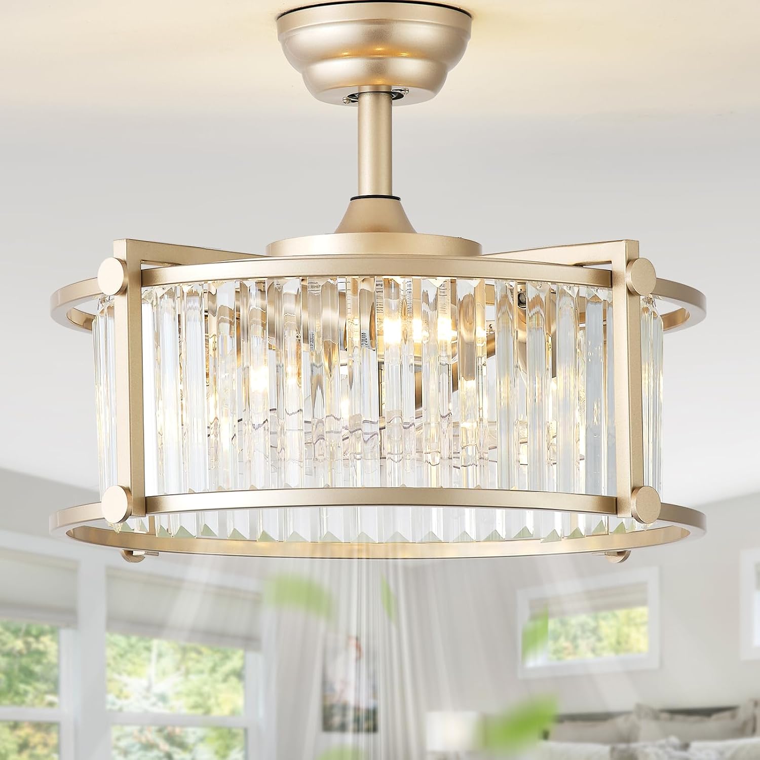 20' Gold Crystal Fandelier Ceiling Fans with Lights, Gold Crystal Industrial Chandelier Ceiling Fan with Light and Remote, Caged with 6 Speeds for Bedroom, Nursery, Living Room
