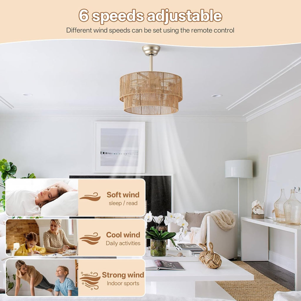 20' Caged Boho Ceiling Fans with Lights, Rattan Fandelier Chandelier Ceiling Fan with Light Remote Control with 6 Speeds for Bedroom, Nursery