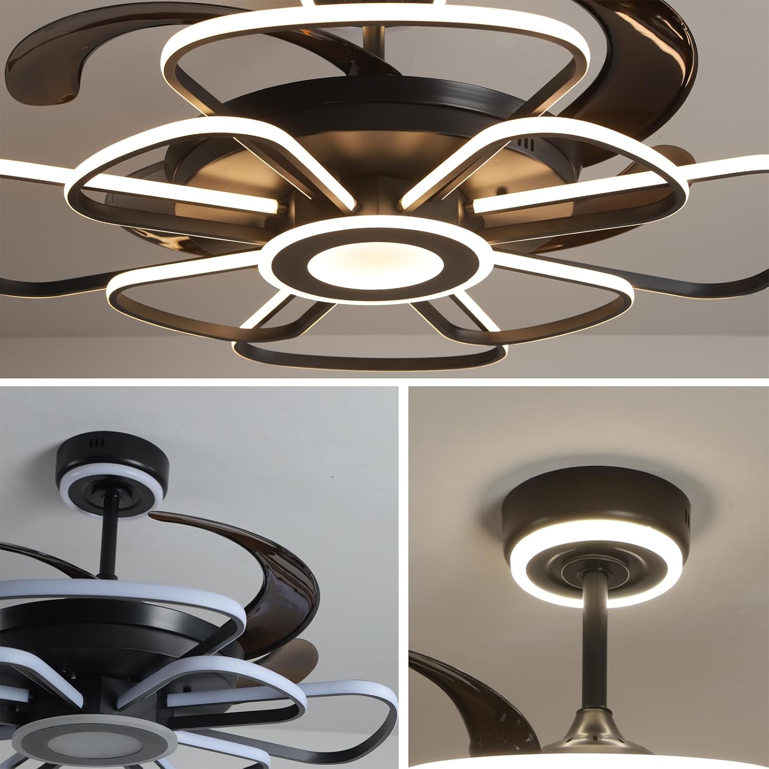 48' Retractable Ceiling Fan with Lights Modern Fandelier Fan Light with Remote Bladeless Fan Ceiling Light for Bedroom Living Room 6 Speed Black (Black RFL25003)